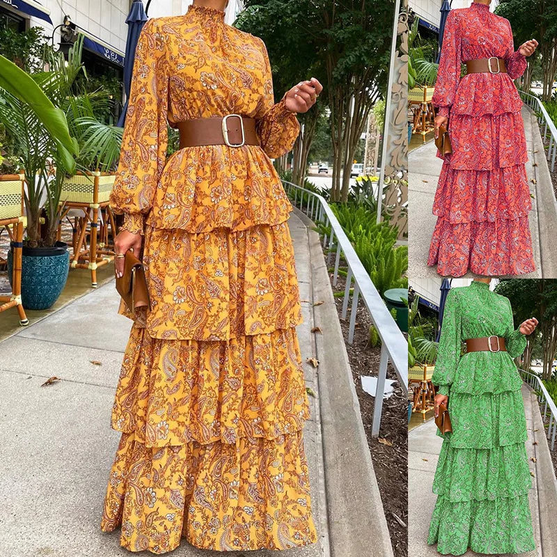 Women Elegant Long Lantern Sleeve Stand Collar Loose Maxi Dress Y2K INS Clothes Autumn Long Ruffle Bohemian Dress Women Elegant Long Lantern Sleeve Stand Collar Loose Maxi Dress Y2K INS Clothes Autumn Long Ruffle Bohemian Dress